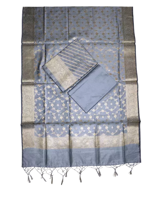 Grey Banarasi Silk Zari Work Unstitched Suit Set with dupatta for Women