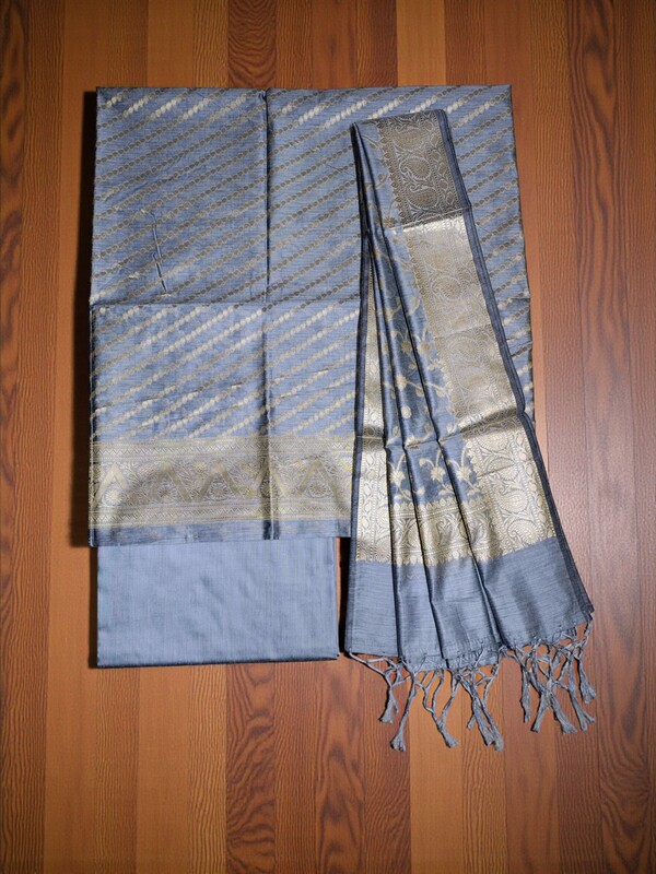 Grey Banarasi Silk Zari Work Unstitched Suit Set with dupatta for Women