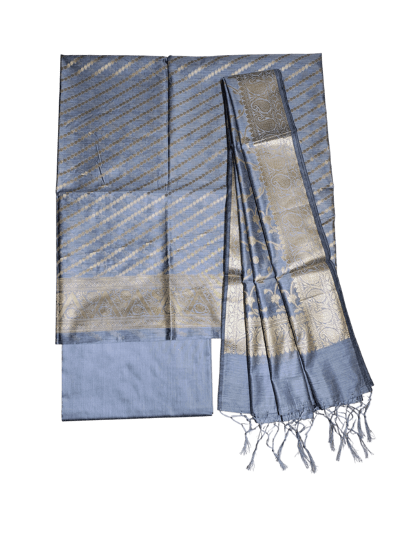 Grey Banarasi Silk Zari Work Unstitched Suit Set with dupatta for Women