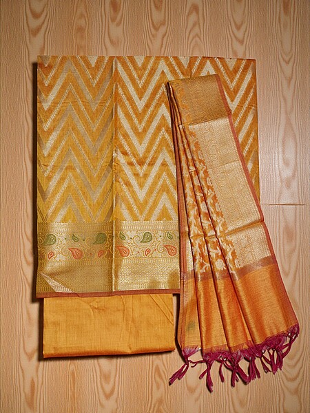 Yellow Banarasi Cotton Silk Unstitched Salwar Suit Dress Material for Women