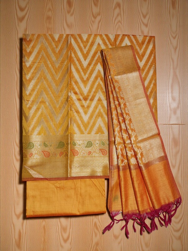 Yellow Banarasi Cotton Silk Unstitched Salwar Suit Dress Material for Women