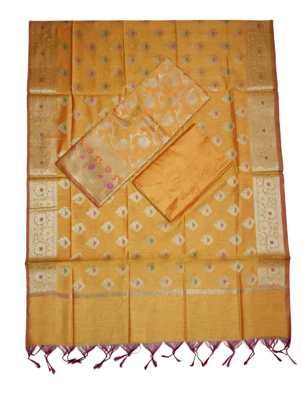 Mustard Unstitched Banarasi Cotton Silk Salwar Suit Dress Material for Women
