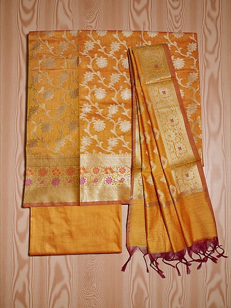 Mustard Unstitched Banarasi Cotton Silk Salwar Suit Dress Material for Women