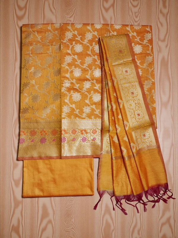 Mustard Unstitched Banarasi Cotton Silk Salwar Suit Dress Material for Women