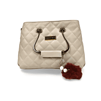 Quilted White Handbag with Metal Handles and Pom Charm