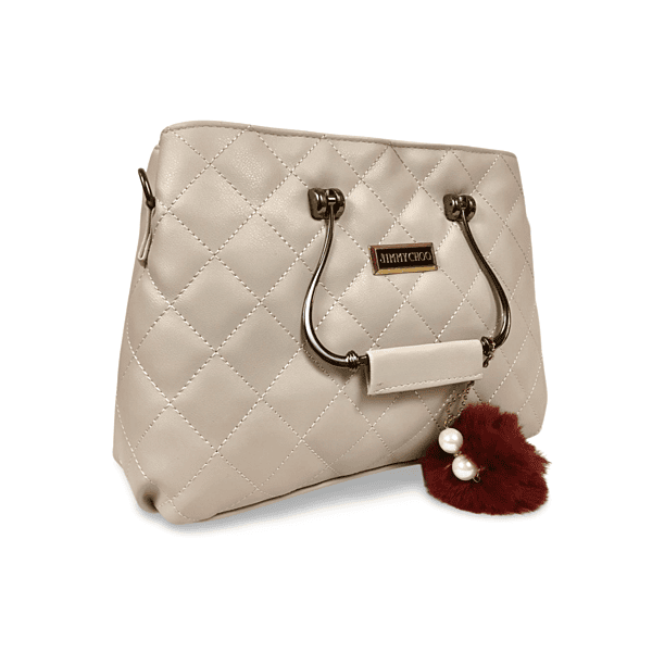 Quilted White Handbag with Metal Handles and Pom Charm