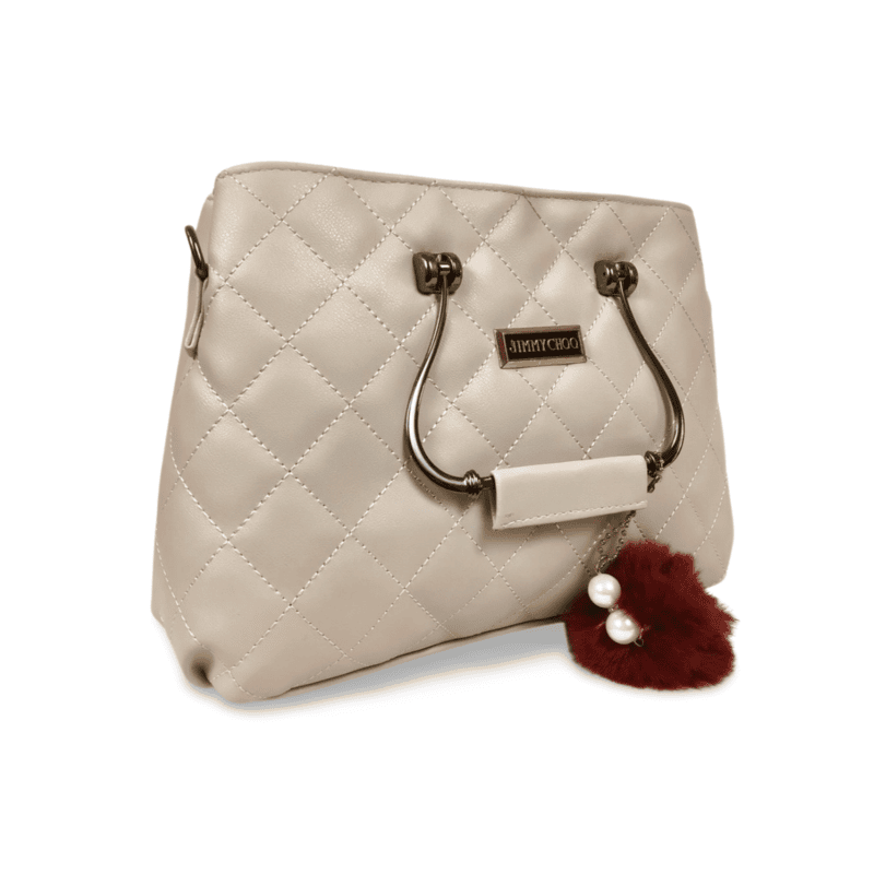 Quilted White Handbag with Metal Handles and Pom Charm