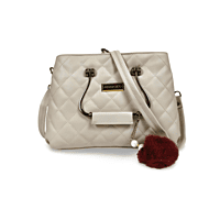 Quilted White Handbag with Metal Handles and Pom Charm