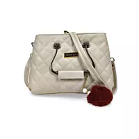Quilted White Handbag with Metal Handles and Pom Charm