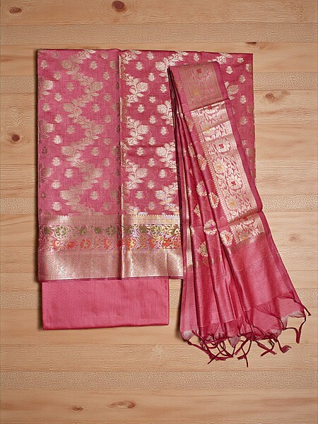 Pink Banarasi Cotton Silk Unstitched Salwar Suit Set with dupatta for Women