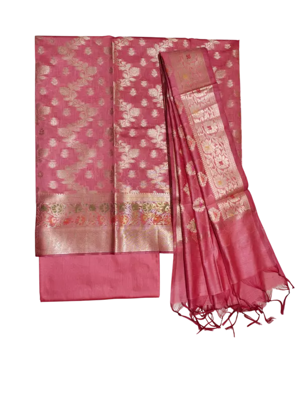 Pink Banarasi Cotton Silk Unstitched Salwar Suit Set with dupatta for Women