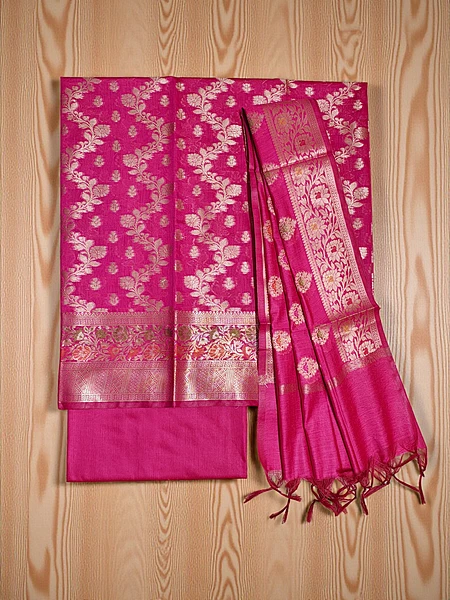 Rani Pink Banarasi Silk Unstitched Suit Set with dupatta for Women