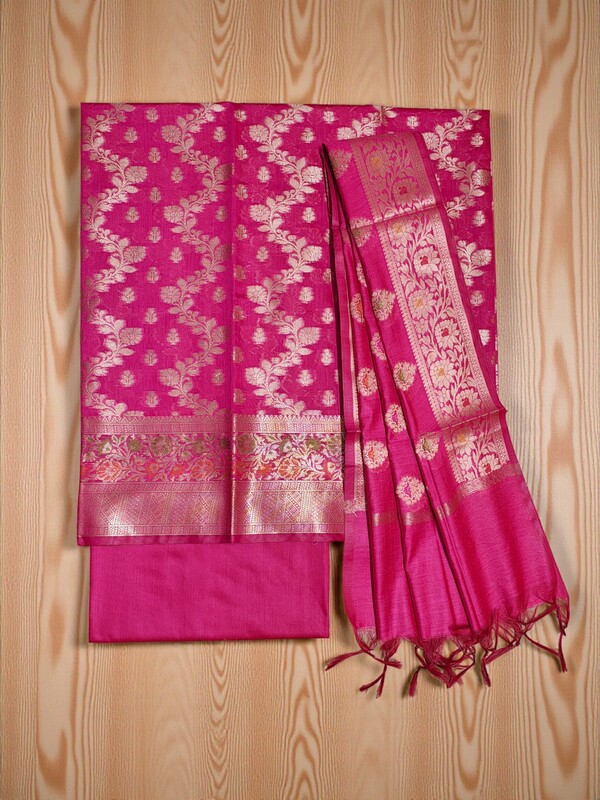 Rani Pink Banarasi Silk Unstitched Suit Set with dupatta for Women