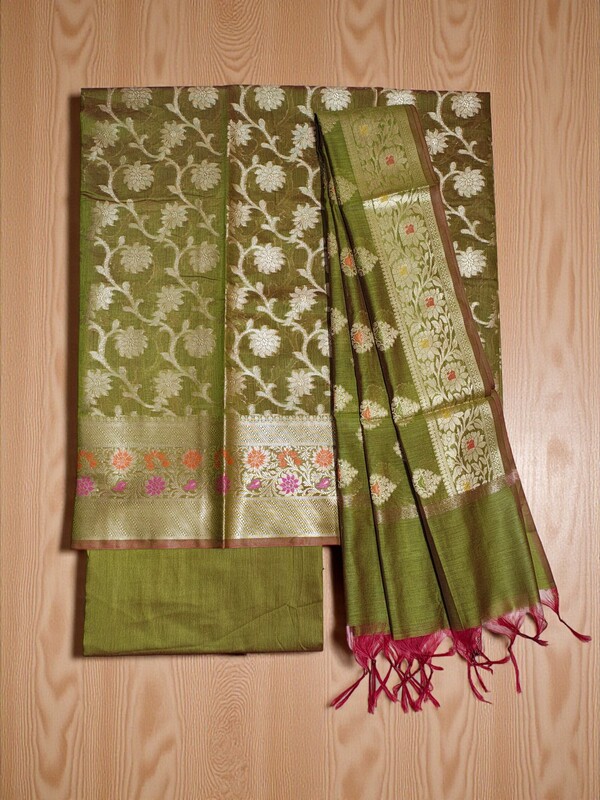 Green Unstitched Banarasi Brocade Cotton Silk Dress Material for Women