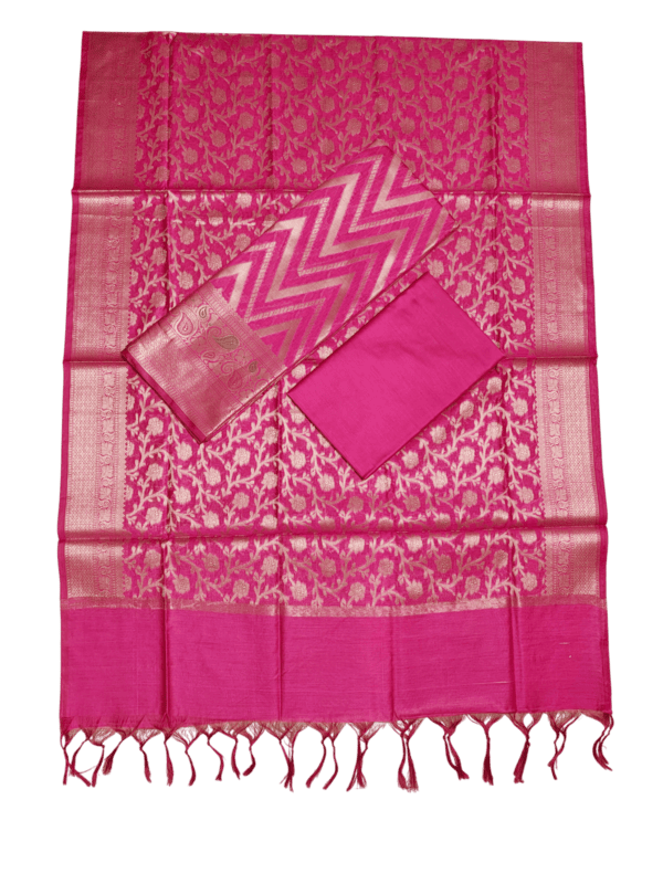 Dark Pink Banarasi Cotton Silk Unstitched Suit Set with dupatta for Women