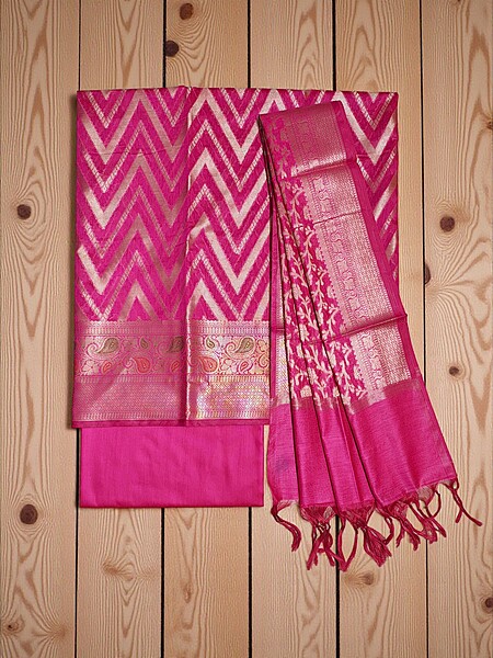 Dark Pink Banarasi Cotton Silk Unstitched Suit Set with dupatta for Women