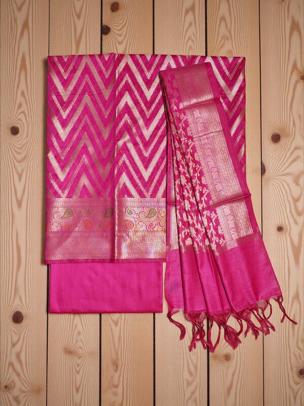 Dark Pink Banarasi Cotton Silk Unstitched Suit Set with dupatta for Women