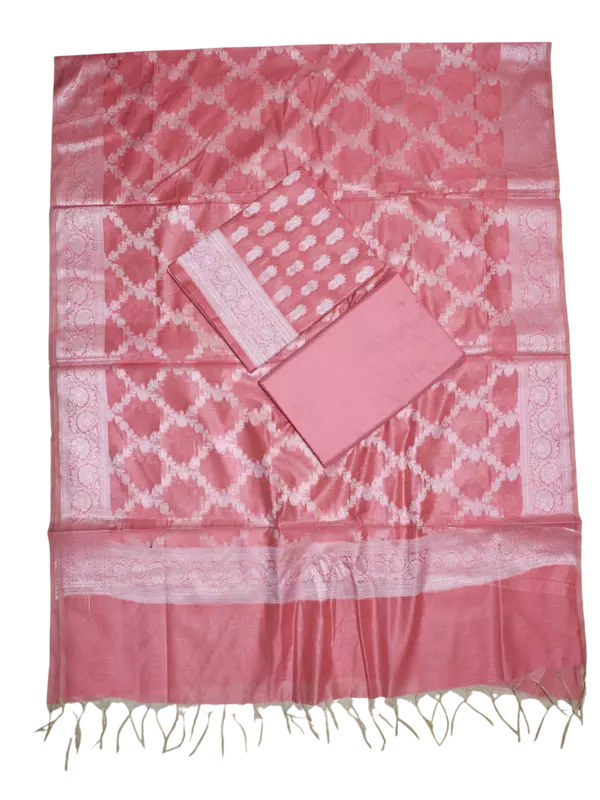 Peach Banarasi Cotton Silk Unstitched Suit Set with Dupatta for Women