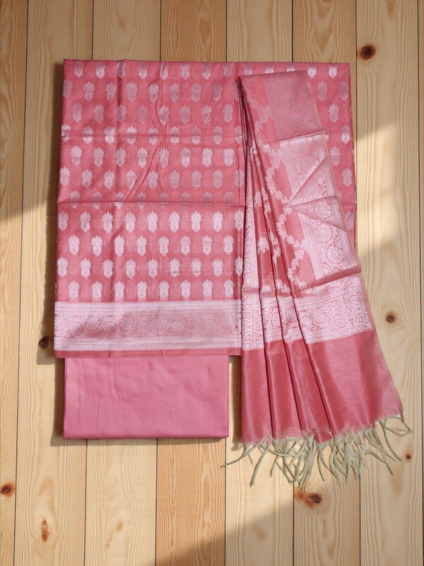 Peach Banarasi Cotton Silk Unstitched Suit Set with Dupatta for Women