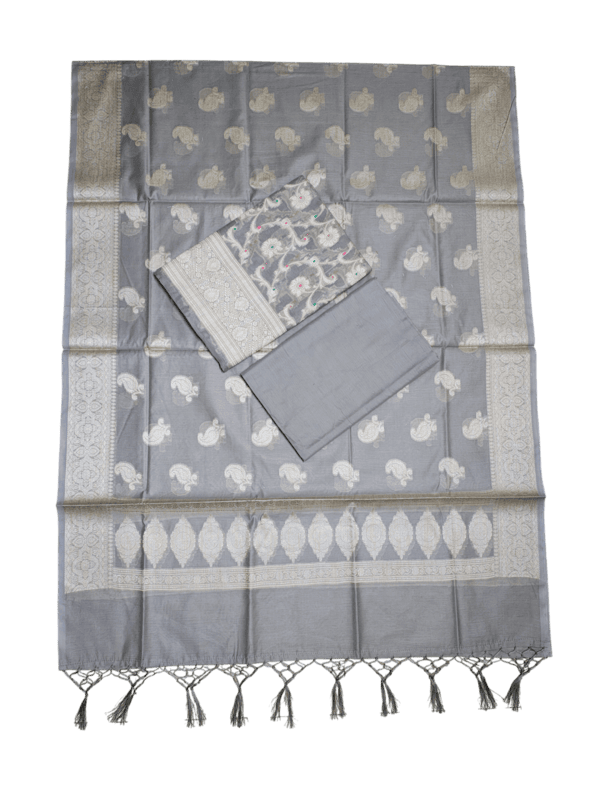 Grey Banarasi Semi Katan Silk Dress Material for Women