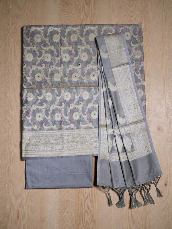 Grey Banarasi Semi Katan Silk Dress Material for Women