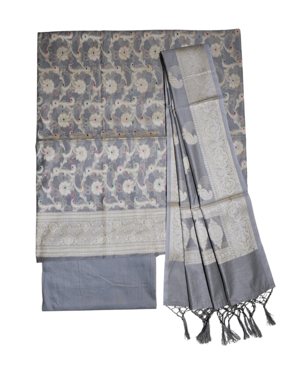 Grey Banarasi Semi Katan Silk Dress Material for Women