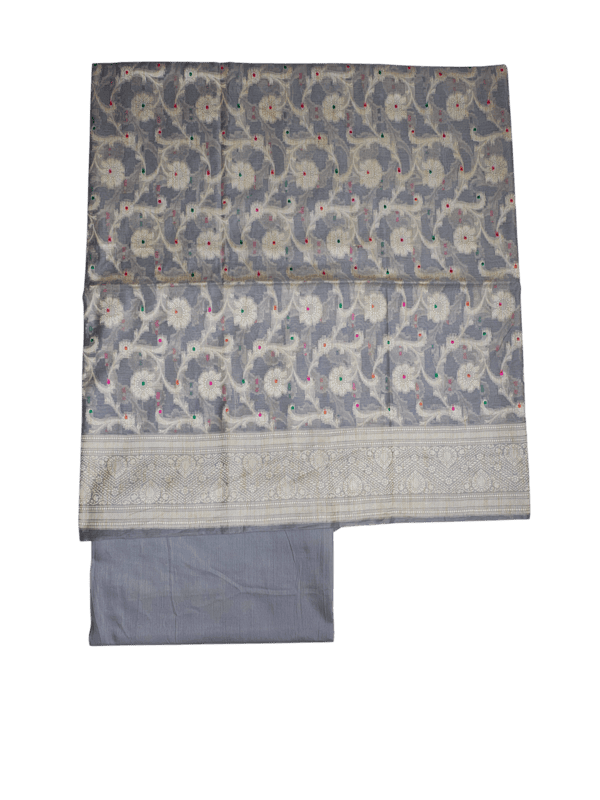 Grey Banarasi Semi Katan Silk Dress Material for Women