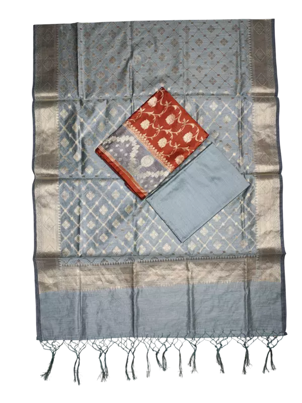 Orange Banarasi Silk Zari Work Unstitched Suit Set with dupatta for Women