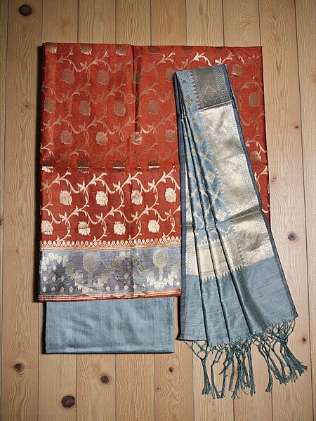 Orange Banarasi Silk Zari Work Unstitched Suit Set with dupatta for Women