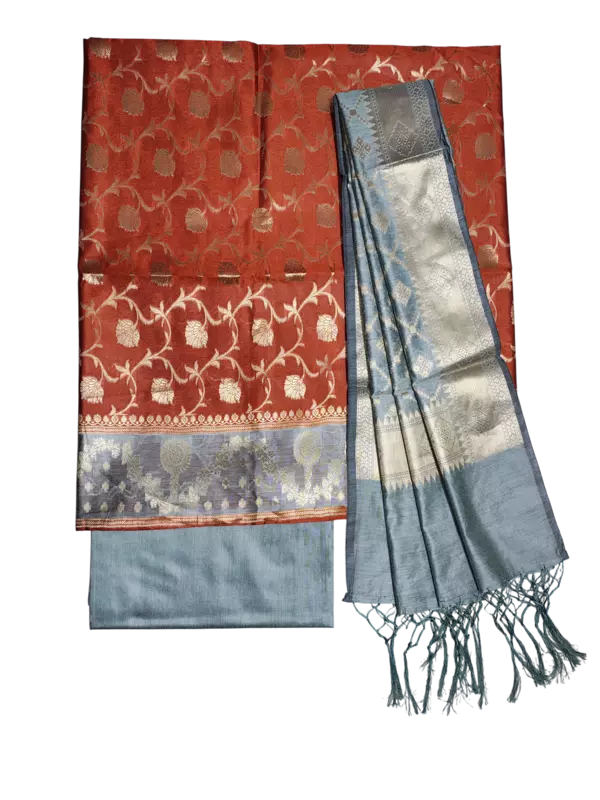 Orange Banarasi Silk Zari Work Unstitched Suit Set with dupatta for Women
