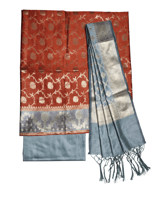 Orange Banarasi Silk Zari Work Unstitched Suit Set with dupatta for Women