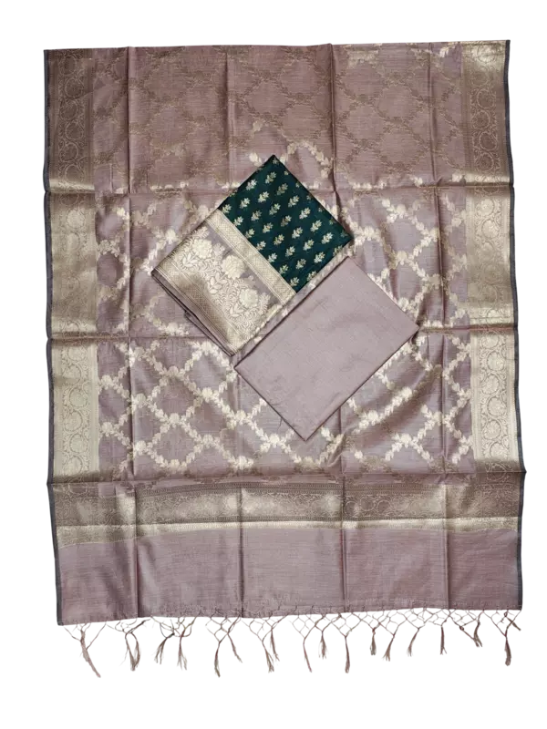 Dark Green Banarasi Silk Zari Work Unstitched Suit Set with dupatta for Women
