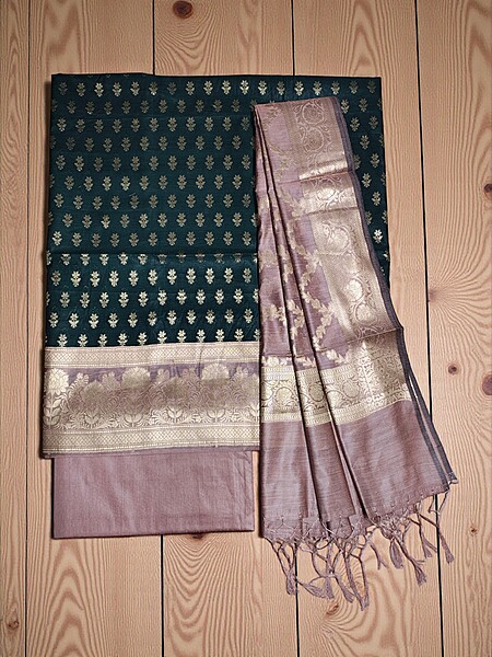 Dark Green Banarasi Silk Zari Work Unstitched Suit Set with dupatta for Women