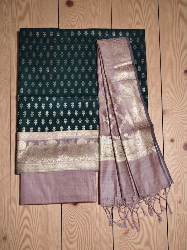 Dark Green Banarasi Silk Zari Work Unstitched Suit Set with dupatta for Women