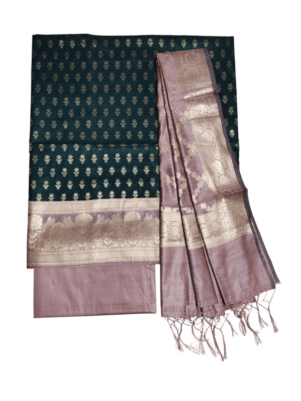 Dark Green Banarasi Silk Zari Work Unstitched Suit Set with dupatta for Women