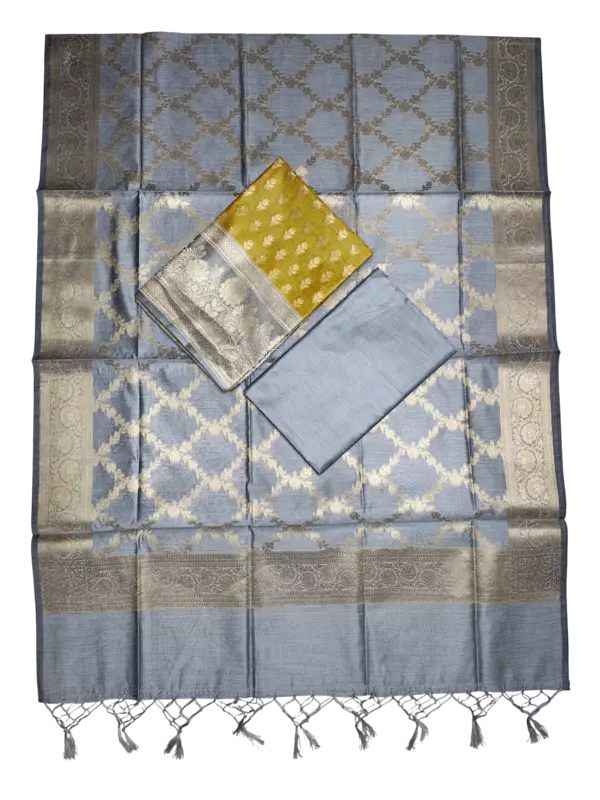 Mustard Banarasi Silk Zari Work Unstitched Suit Set with dupatta for Women