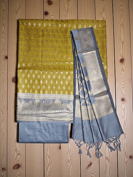 Mustard Banarasi Silk Zari Work Unstitched Suit Set with dupatta for Women