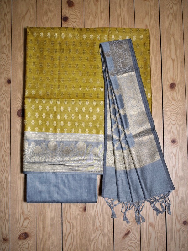 Mustard Banarasi Silk Zari Work Unstitched Suit Set with dupatta for Women