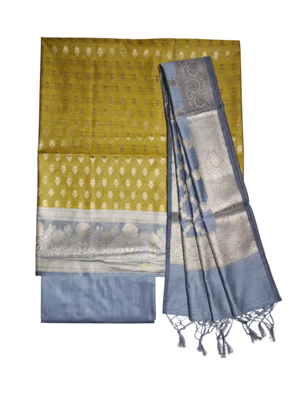 Mustard Banarasi Silk Zari Work Unstitched Suit Set with dupatta for Women