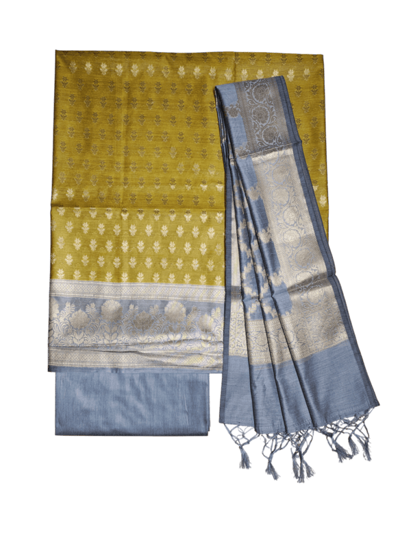 Mustard Banarasi Silk Zari Work Unstitched Suit Set with dupatta for Women