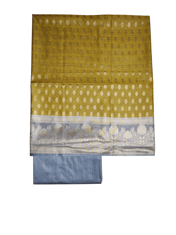 Mustard Banarasi Silk Zari Work Unstitched Suit Set with dupatta for Women