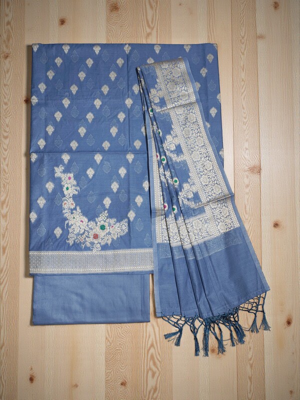 Blue Banarasi Semi Katan Silk Dress Material for Women