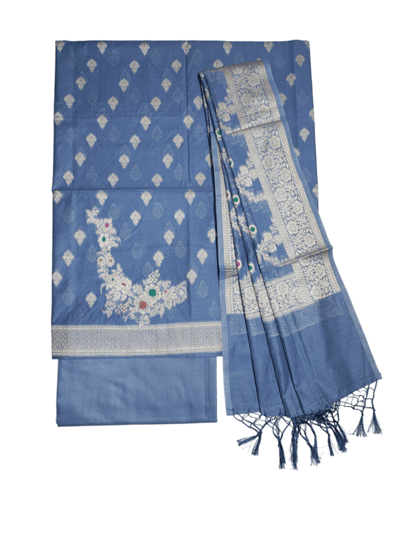 Blue Banarasi Semi Katan Silk Dress Material for Women