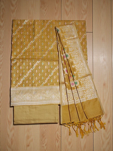 Yellow Banarasi Semi Munga Silk Dress Materials for Women