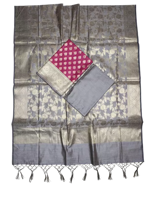 Pink & Grey Banarasi Silk Zari Work Unstitched Suit Set with dupatta for Women