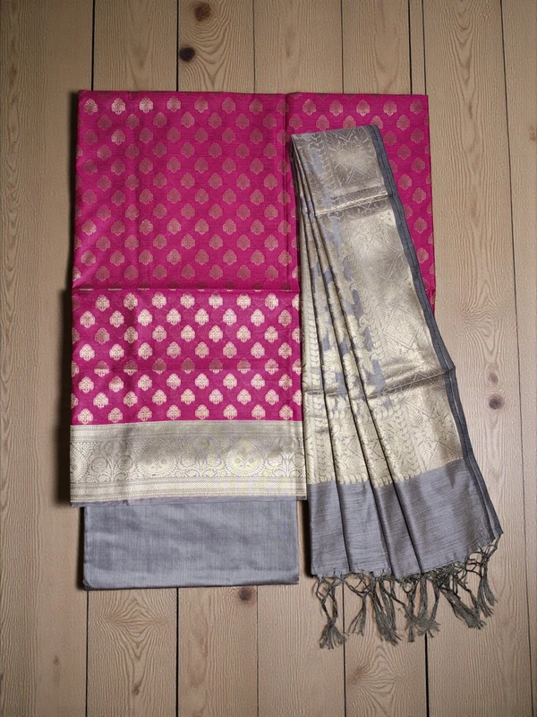 Pink & Grey Banarasi Silk Zari Work Unstitched Suit Set with dupatta for Women
