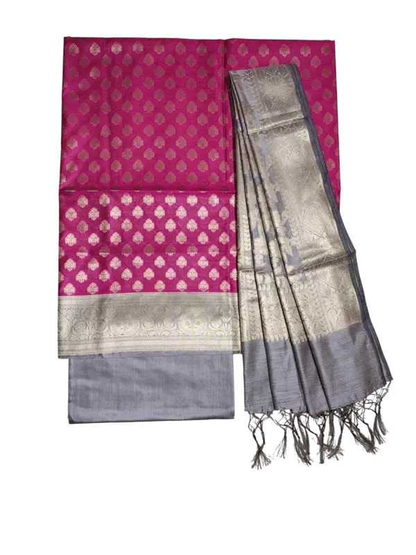 Pink & Grey Banarasi Silk Zari Work Unstitched Suit Set with dupatta for Women