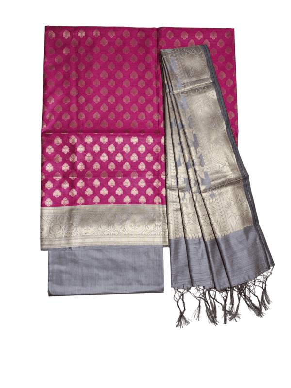 Pink & Grey Banarasi Silk Zari Work Unstitched Suit Set with dupatta for Women