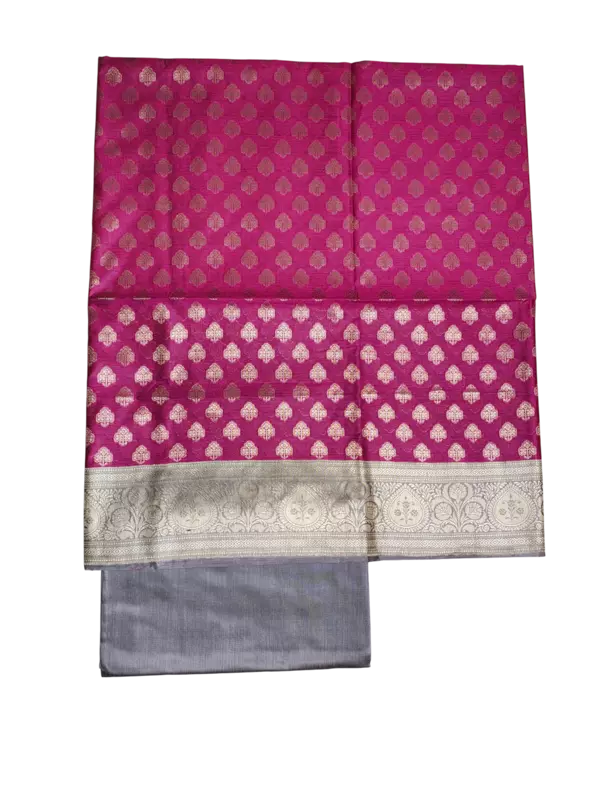 Pink & Grey Banarasi Silk Zari Work Unstitched Suit Set with dupatta for Women