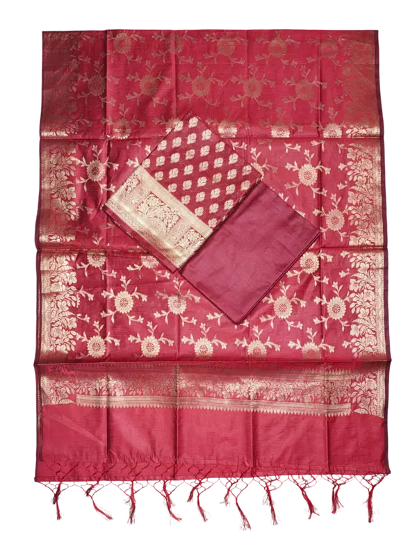 Red Banarasi Silk Zari Work Unstitched Suit Set with dupatta for Women